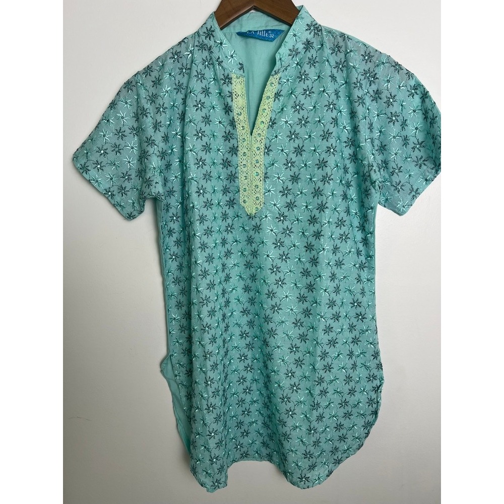 La Fille Aqua Blue Embroidered Sequin Lace Trim Tunic‎ Top Wm Small